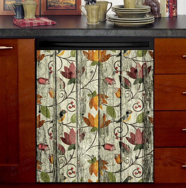 Rustic Folklore Flower Wood Pattern Dishwasher Cover