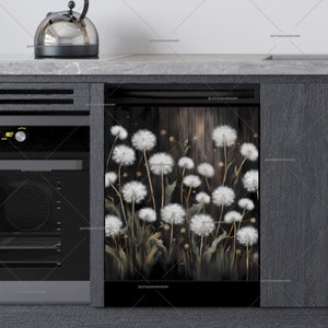 Kitchen Dishwasher Magnet Cover • Dandelions on Dark Wood • Rustic Home Decor • Decorative Cover #md1198