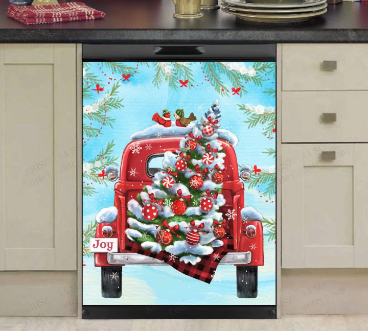 Christmas Red Truck with Christmas Tree and Birds Dishwasher Cover