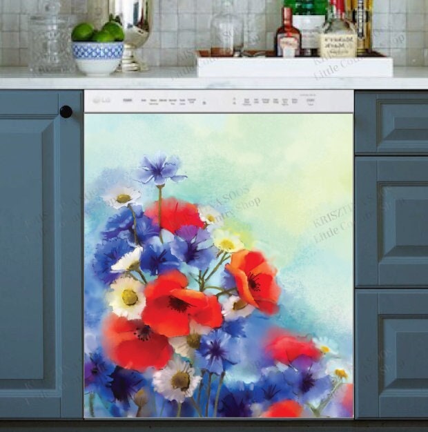 Beautiful Blue Red and White Garden Flowers Dishwasher Cover