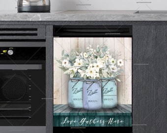 Kitchen Dishwasher Magnet Cover • Farmhouse Mason Jars and Flowers • Rustic Decor • Gift for Her #fl626