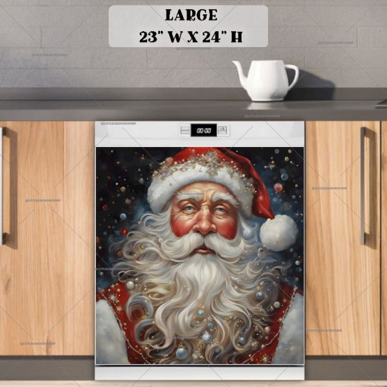 May include: A dishwasher magnet featuring a close-up portrait of Santa Claus with a white beard and red hat. He is surrounded by sparkling ornaments and a dark blue background. The magnet is 23 inches wide and 24 inches high.