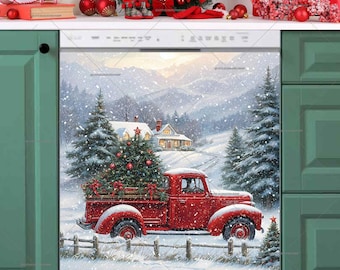 Red Christmas Truck Dishwasher Magnet Cover: Farmhouse Kitchen Decor - U.S. duty free!! #md2798