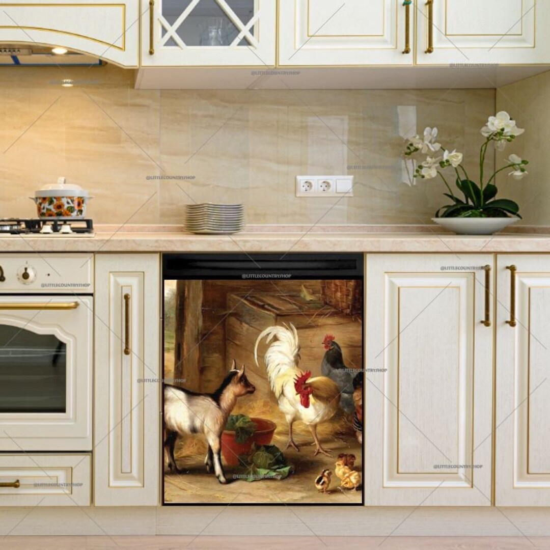 Kitchen Dishwasher Cover Goats, Chickens and Chicks in a Barn