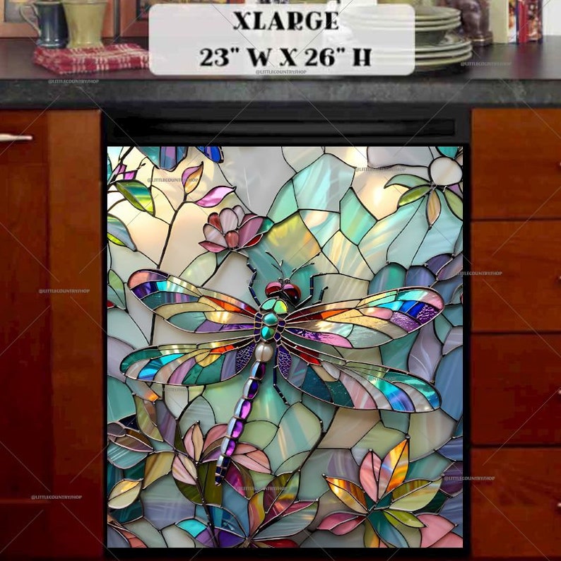 May include: A stained glass style dishwasher magnet featuring a colourful dragonfly with iridescent wings and a floral background. The magnet is 23 inches wide by 26 inches high.
