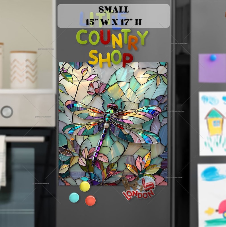 May include: A stained glass style dragonfly with colourful wings and a pearl-like body. The dragonfly is surrounded by flowers and leaves. The image is 15 inches wide by 17 inches high. The text "Small Country Shop" is at the top of the image.
