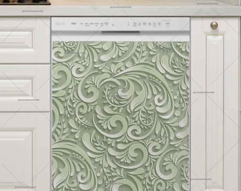 Kitchen Dishwasher Magnet Cover • Folklore Batik Design • Sage Green Tone • Bohemian Decor #nt243