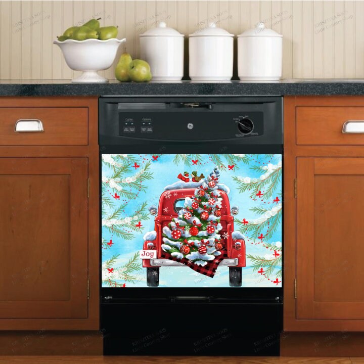 Christmas Red Truck with Christmas Tree and Birds Dishwasher Cover