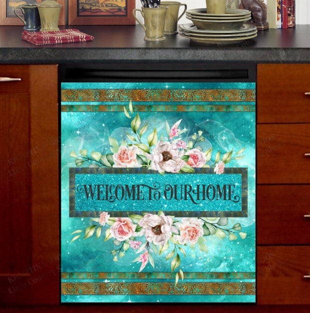 Rustic Welcome Sign with Flowers Dishwasher Cover