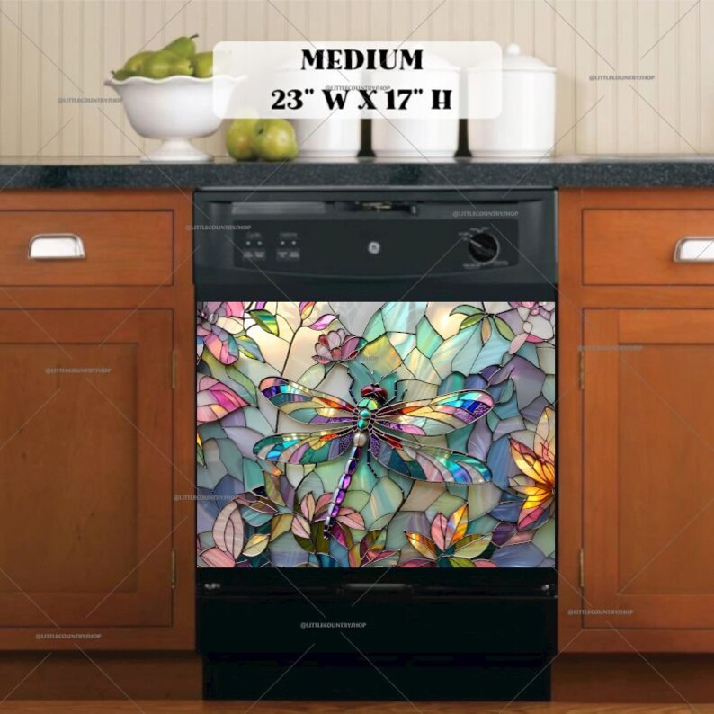May include: A dishwasher magnet featuring a stained glass dragonfly design with colourful accents. The magnet is 23 inches wide and 17 inches high.