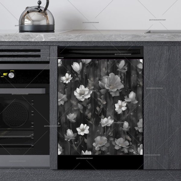 Kitchen Dishwasher Magnet Cover • Flowers on Dark Wood Pattern • Cozy Home Decor #md1057