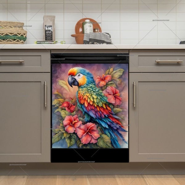 Kitchen Dishwasher Magnet Cover • Birds of Paradise • Colorful Parrot • Gift for Bird Lovers #md1666