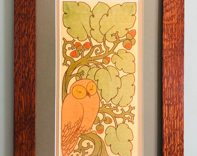 Voysey Owl in Oak Mission Style Art in Quartersawn Oak Frame