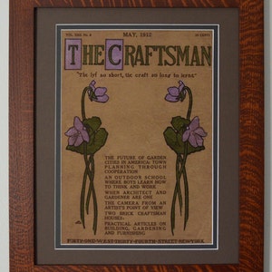 Obra de arte estilo misión de The Craftsman Violets en marco de roble aserrado en cuartos