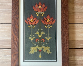 Triplets II Mission Style Art, Quartersawn Oak Frame, Christopher Dresser Ornamental Design, Late 19th Century Reproduction, Arts Crafts