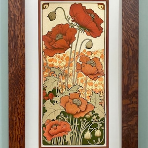 Poppies in a Field Mission Style Art in Quartersawn Oak Frame