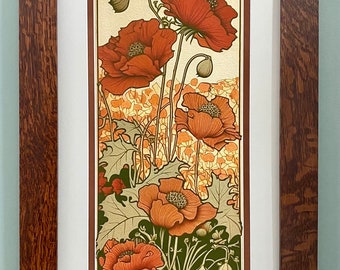 Poppies in a Field Mission Style Art in Quartersawn Oak Frame