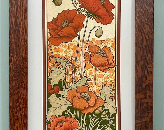 Poppies in a Field Mission Style Art in Quartersawn Oak Frame