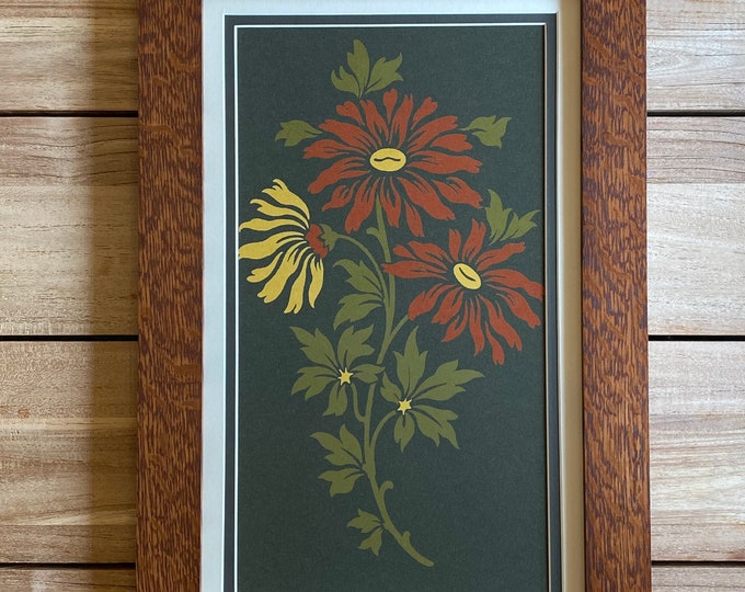 Ragged Dahlias Mission Style Art in Quartersawn Oak Frame