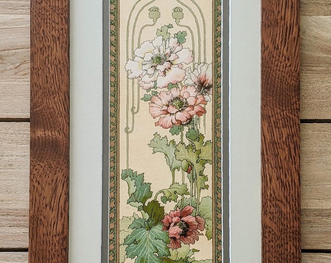 Nouveau Ragged Poppies in Oak Mission Style Art in Quartersawn Oak Frame