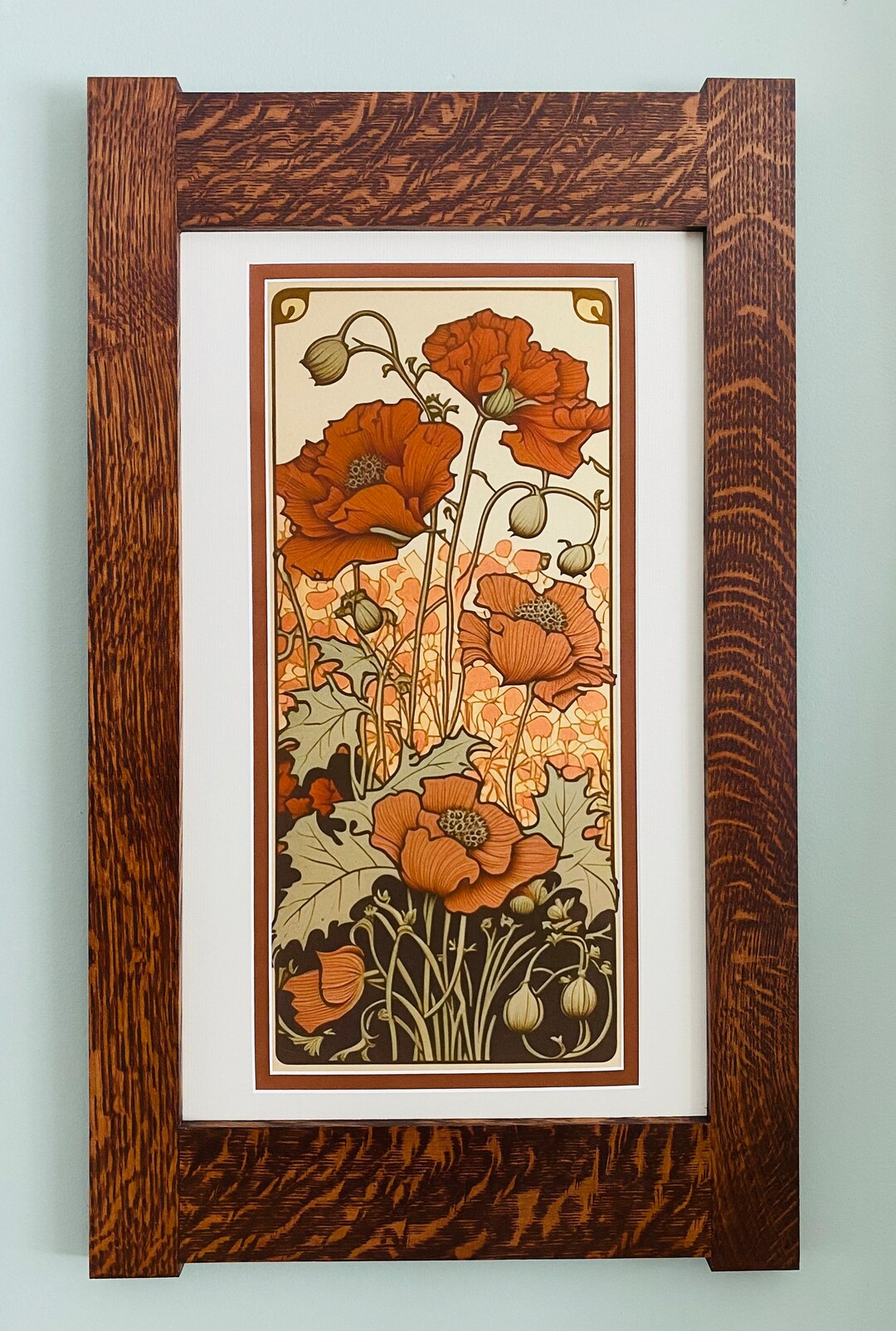 Poppies in a Field Mission Style Art in Quartersawn Oak Frame Etsy