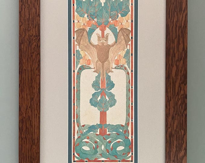 Arts and Crafts Bat Mission Style Art in Quartersawn Oak Frame