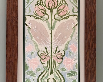 Thistles and Crows Mission Style Art in Quartersawn Oak Frame