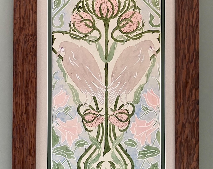 Thistles and Crows Mission Style Art in Quartersawn Oak Frame