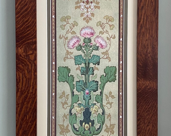 Nouveau Thistle Flower Panneaux in Oak Mission Style Art in Quartersawn Oak Arts and Crafts Style Frame