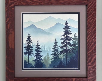 Mountain Pines II by Talino Angelina Mission Style Art in Quartersawn Oak Frame