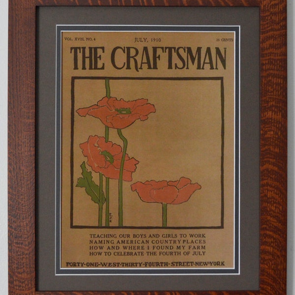 The Craftsman Poppies Mission Style Art in Quartersawn Oak Frame