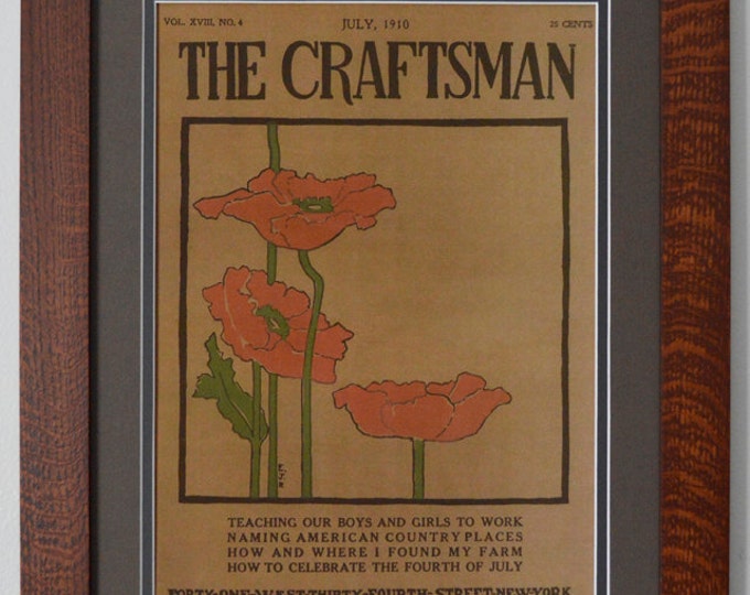 The Craftsman Poppies Mission Style Art in Quartersawn Oak Frame