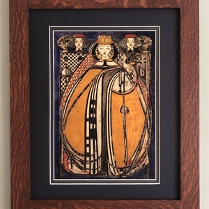 La reina de picas, obra de arte estilo misión en marco de roble aserrado en cuartos