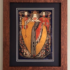 La reina de corazones, obra de arte en estilo misionero con marco de roble aserrado en cuartos