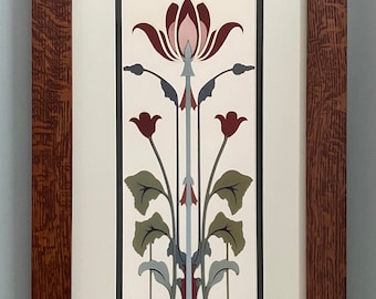 Jugendstil Poppy Mission Style Art in Quartersawn Oak Frame