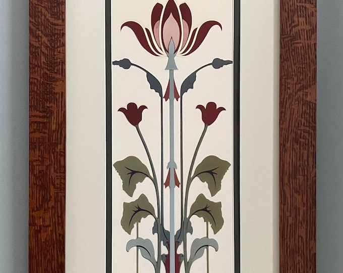 Jugendstil Poppy Mission Style Art in Quartersawn Oak Frame