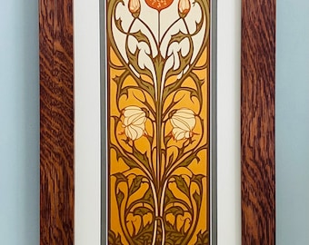 Nouveau Wildflower Decorative Panel Mission Style Art in Quartersawn Oak Frame