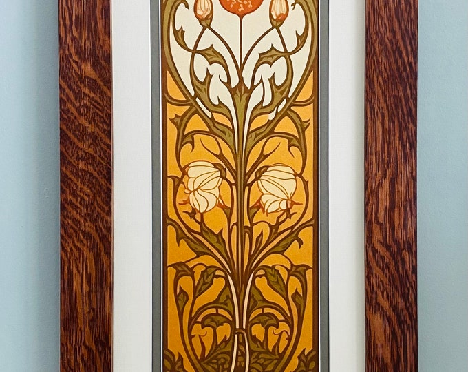 Nouveau Wildflower Decorative Panel Mission Style Art in Quartersawn Oak Frame