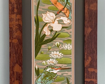 Kingfishers II Mission Style Art in Quartersawn Oak Frame