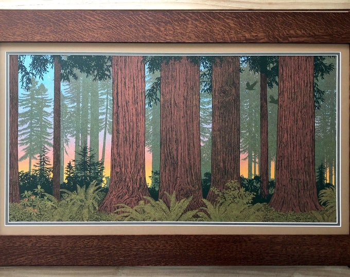 Redwood Grove Large Frieze Mission Style Art in Quartersawn Oak Frame