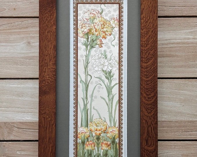 Nouveau Carnation Flower Panneaux in Oak Mission Style Art in Quartersawn Oak Arts and Crafts Style Frame