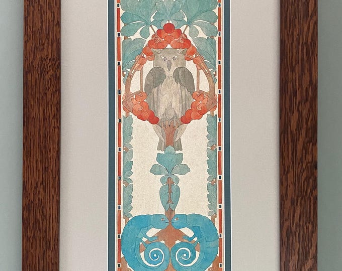 Arts and Crafts Owl Mission Style Art in Quartersawn Oak Frame