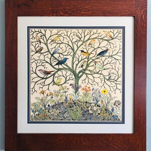 Tree of Life Songbirds Mission Style Framed Art in Quartersawn Oak
