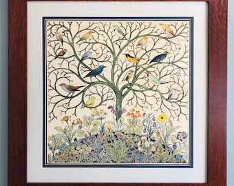 Tree of Life Songbirds Mission Style Framed Art in Quartersawn Oak
