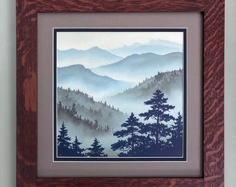Mountain Pines I by Talino Angelina Mission Style Art in Quartersawn Oak Frame