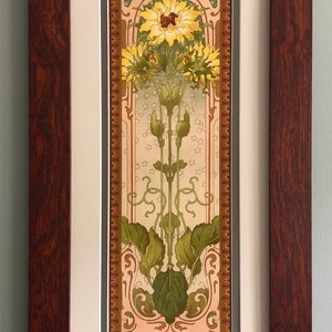 Nouveau Sunflowers in Oak Mission Style Art in Quartersawn Oak Frame