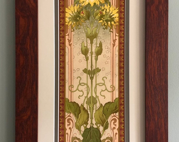 Nouveau Sunflowers in Oak Mission Style Art in Quartersawn Oak Frame