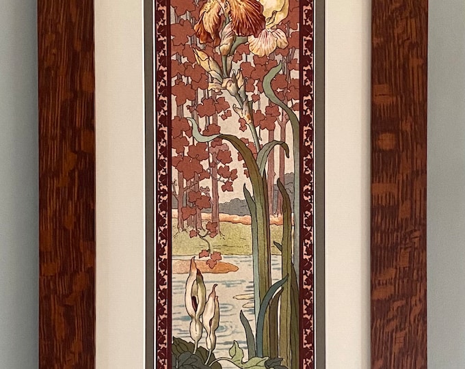 Nouveau Yellow Iris in Oak Mission Style Art in Quartersawn Oak Frame