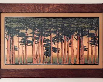 Lands End Large Frieze Mission Style Art, Quartersawn Oak Frame, California Cypress Grove Pacific Vista Print, Arts and Crafts, Craftsman