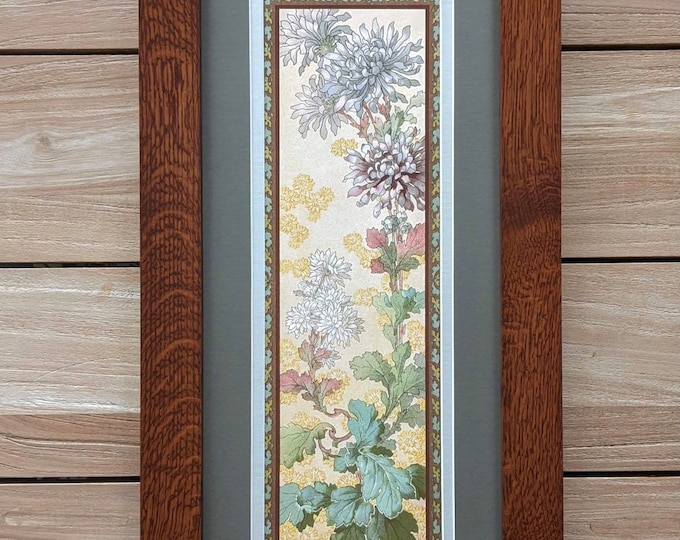 Nouveau Chrysanthemum Flower Panneaux in Oak Mission Style Art in Quartersawn Oak Arts and Crafts Style Frame